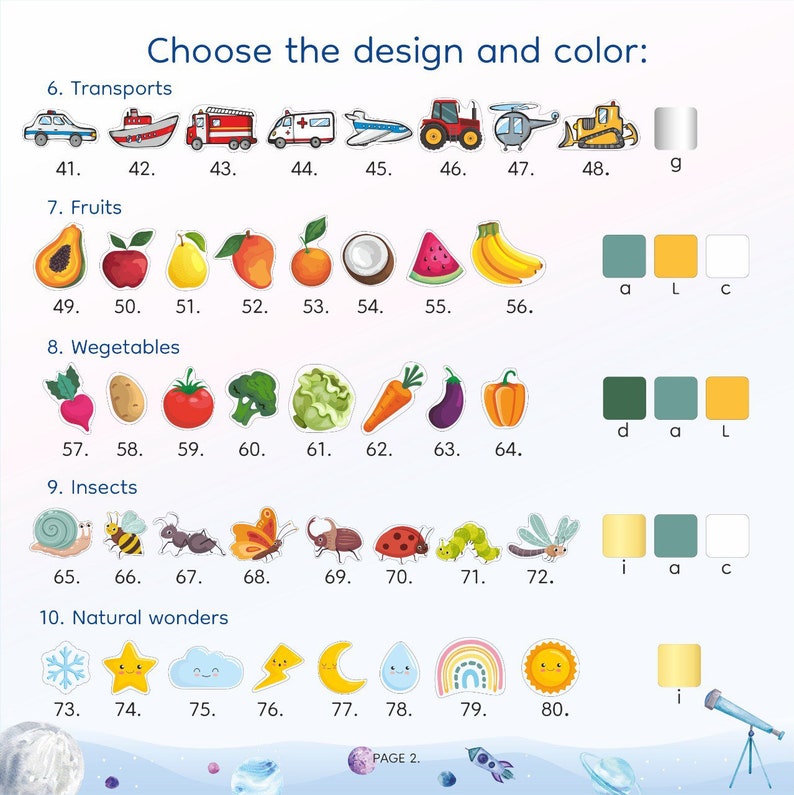 May include: A colorful worksheet with images of various objects, including vehicles, fruits, vegetables, insects, and natural wonders. The worksheet is designed for children to choose a design and color for each object.