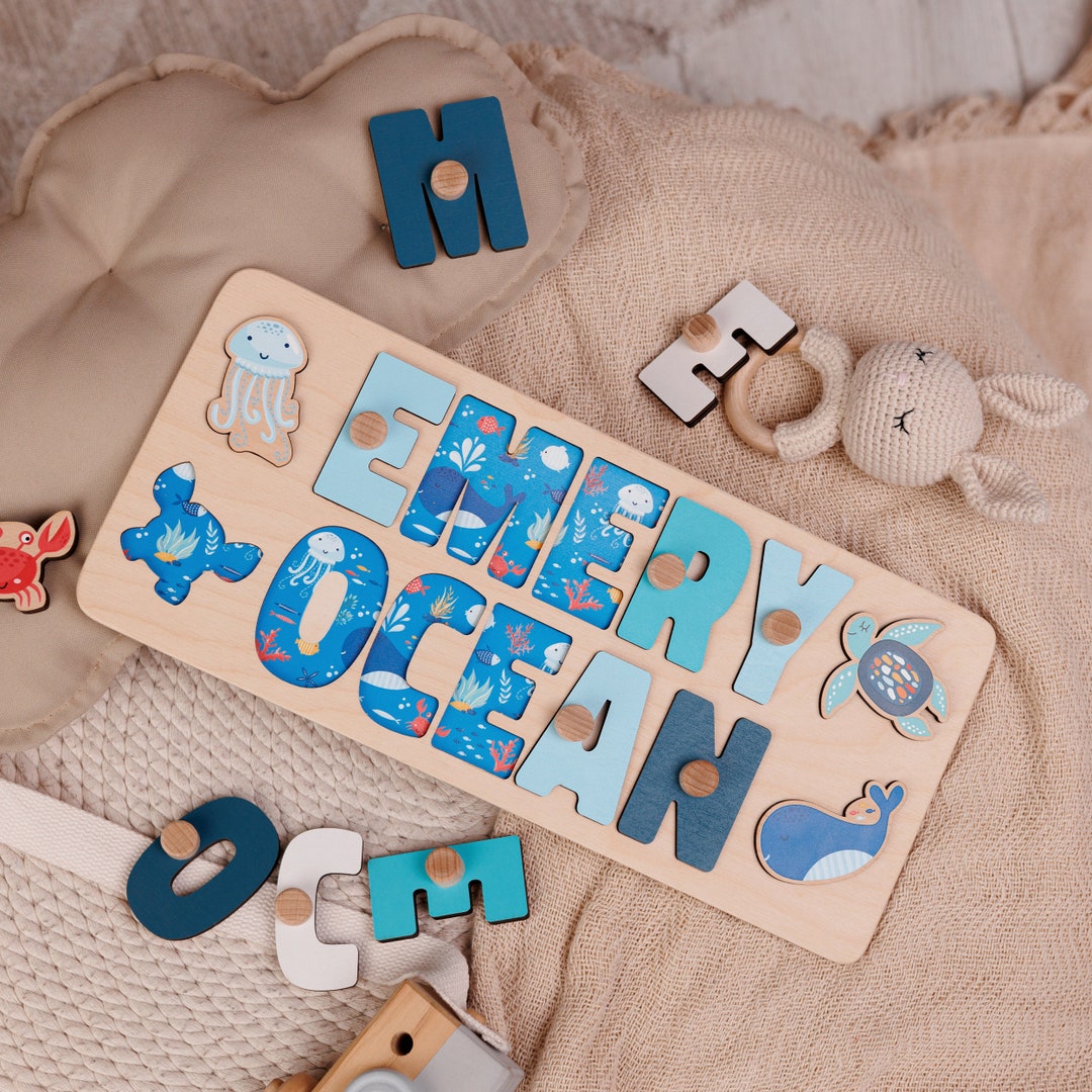 Wooden Name Puzzle With Animals: Montessori Toy, Safari Nursery Decor ...