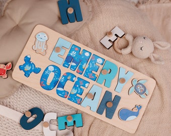 Wooden Name Puzzle with Animals, Montessori Toy for Kid, Custom Gift for Toddler, Baby Name Puzzle with Print, Safari Nursery Decor