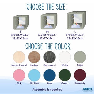 May include: A customizable wooden box with a print of a child on a planet. Choose from three sizes: small (4.9 inches x 4.9 inches x 4.9 inches), medium (6.9 inches x 6.9 inches x 5.5 inches), and large (8.9 inches x 8.9 inches x 6.3 inches). Select from a variety of colors: natural wood, umber, dark wood, white, sage, pink, sky blue, blue, green, and burgundy. Assembly is required.