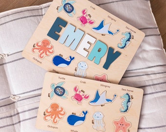 Rompecabezas con nombre de bebé, Animales del océano, Tablero de actividades de criaturas marinas de aprendizaje para niños pequeños, Juguetes Montessori para niños, Regalo de baby shower, Decoración de guardería oceánica