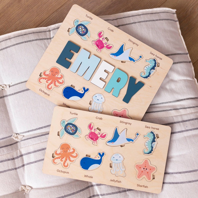 Ocean developing toy, Montessori learning puzzle with name, sea creatures nursery decor, baby 1st birthday gift, busy board