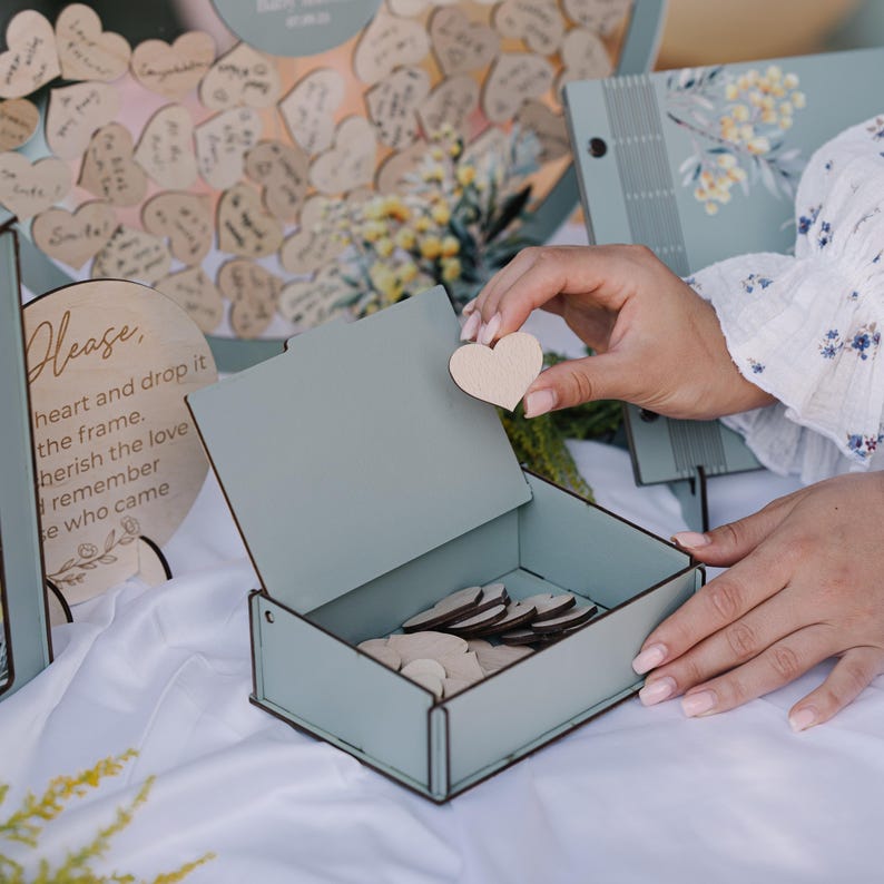 Sage Green Baby Shower Guest Book Alternative: Acrylic Circle, Wooden Hearts image 13