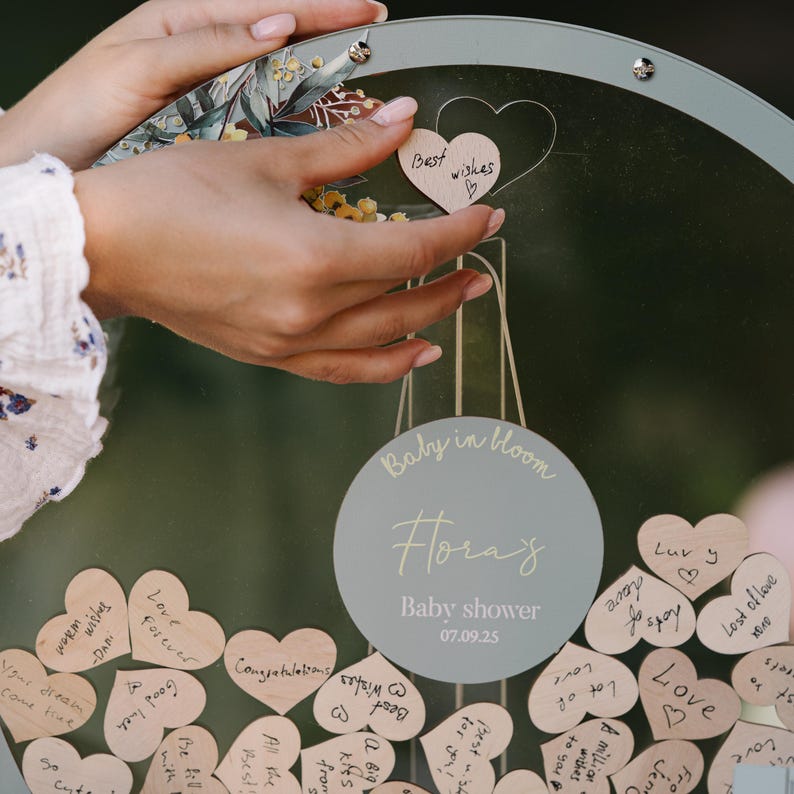 Sage Green Baby Shower Guest Book Alternative: Acrylic Circle, Wooden Hearts image 8