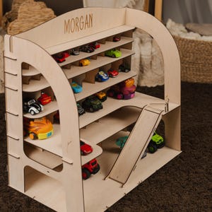 Personalized Toy Car Garage Storage, Birthday Gift for Boy, Toy Car Ramp, Custom Gift for Toddler, Wooden Montessori Toys for Kids