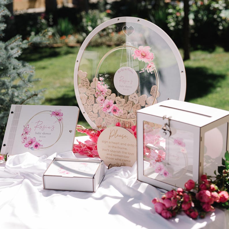 Sage Green Baby Shower Guest Book Alternative: Acrylic Circle, Wooden Hearts image 16