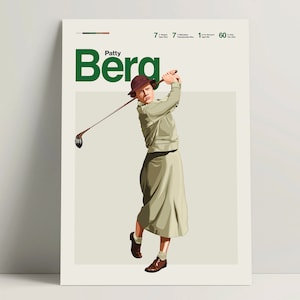 Peut inclure: Une affiche verte et blanche avec le texte "Patty Berg" en grandes lettres vertes. L'affiche représente une femme en tenue verte et un chapeau brun en train de frapper une balle de golf.