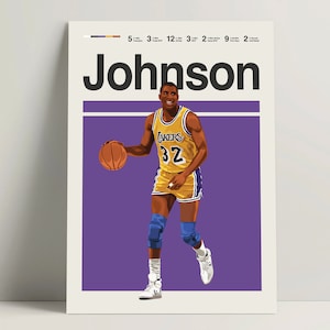 Könnte beinhalten: Ein lila-weißes Poster mit einem Basketballspieler, der ein gelbes und lilafarbenes Trikot mit dem Wort "LAKERS" und der Nummer "32" trägt. Der Spieler dribbelt einen Basketball und das Poster trägt das Wort "Johnson" in großen weißen Buchstaben oben.