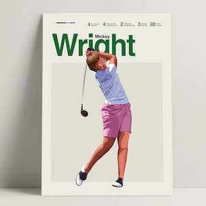May include: A digital illustration of a golfer in a white shirt, pink shorts, and a green cap, swinging a golf club. The background is a light beige color with the word "Wright" in green text and the name "Mickey" in smaller black text.