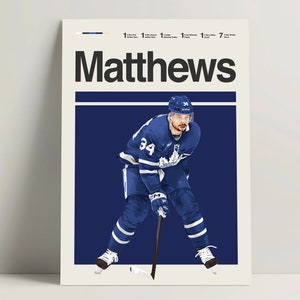 Puede incluir: Un jugador de hockey vistiendo una camiseta azul y blanca con el número 34 en la parte delantera. El jugador lleva un casco y sostiene un palo de hockey. El fondo es azul. El texto "Matthews" está en la parte superior de la imagen.