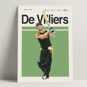 Pôster de AB De Villiers, pôster de críquete, arte de parede do time sul-africano de críquete, decoração de críquete para escritório, impressão de De Villiers, ideias para presentes de críquete do ICC