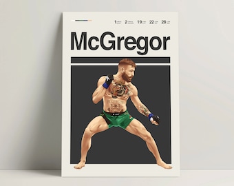 May include: A poster featuring a black and white illustration of a mixed martial arts fighter in a fighting stance. The fighter is wearing green shorts and black gloves. The poster has the text "McGregor" in large white letters at the top.