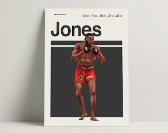 May include: A black and white poster with the name "Jones" in large white letters at the top. A black man wearing red shorts with a white UFC logo is standing in a fighting stance. The poster has the numbers 10, 7, 10, 27, and 29 in small white letters at the top.