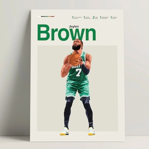 Puede incluir: Un jugador de baloncesto vistiendo una camiseta verde con el número 7, pantalones cortos negros y zapatillas blancas. El jugador está botando un balón de baloncesto y tiene barba. El nombre del jugador es Jaylen Brown.