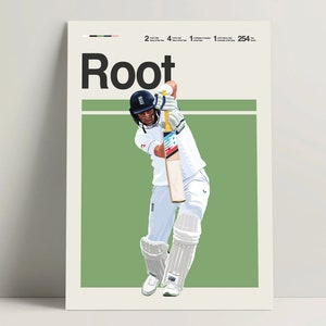 Puede incluir: Una ilustración digital de un jugador de cricket con un uniforme blanco bateando en un campo verde. El jugador lleva un casco y bate con un bate de madera. El texto "Root" está por encima del jugador en una fuente blanca y negrita. El texto "2 4 1 1 254" está por encima del texto "Root" en una fuente blanca más pequeña.