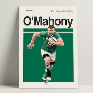 Könnte beinhalten: Ein grün-weißes Rugby-Trikot mit dem Schriftzug "Vodafone" auf der Vorderseite. Ein Spieler, der das Trikot trägt, rennt mit dem Ball in der Hand. Der Text "O'Mahony" befindet sich oben im Bild.