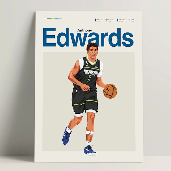 Anthony Edwards Poster, Basketball Poster, NBA Basketball Print, Basketball Wall Art for Office, Edwards Print, Basketball Gift Ideas