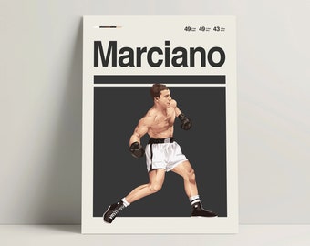 May include: A black and white poster with a graphic illustration of a boxer in a fighting stance. The poster has the text "Marciano" in large, bold letters at the top.