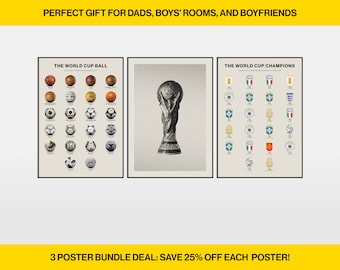 3 Soccer Poster Bundle - World Cup Trophy, Balls Evolution and Champions, Soccer Wall Art, Football Gift, World Cup Art, Soccer Gift for Dad