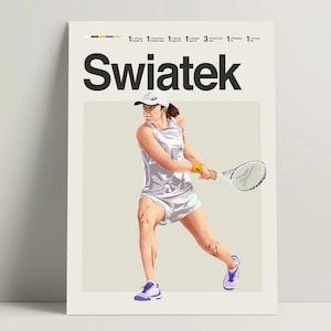 May include: A poster featuring a digital illustration of a female tennis player in a white dress and purple shoes, swinging a tennis racket. The poster has the word "Swiatek" in bold black text at the top.