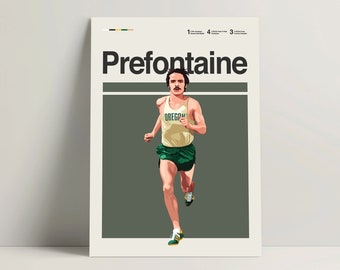 Może przedstawiać: Plakat w stylu vintage przedstawiający biegacza w zielono-białym stroju. Na plakacie widnieje napis "Prefontaine" w pogrubionych czarnych literach u góry.