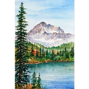 Pintura de acuarela de lago de otoño, póster de bosque de montaña, impresión artística de pinos, escena de lago de otoño, decoración de arte de pared con paisaje de lago de otoño