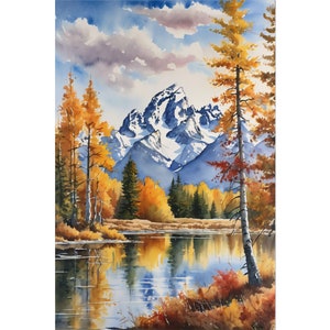 Impresión de Grand Teton, pintura de acuarela de Wyoming, póster de parque nacional, paisaje de viaje, arte de Grand Tetons, decoración de arte de pared natural