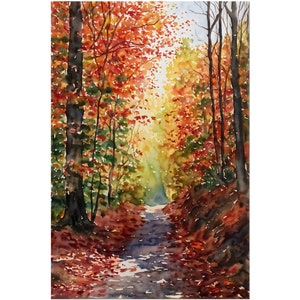 Impresión artística de bosque otoñal en acuarela, póster de sendero forestal, escena otoñal, pintura de bosque otoñal, decoración de arte de pared con paisaje natural