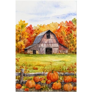 Impresión artística de granero campestre con acuarela, pintura de huerto de calabazas, póster rústico de otoño, decoración de pared acogedora de otoño, granero de acuarela, paisaje de otoño