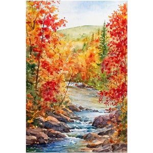 Impresión artística de acuarela de un río otoñal, acogedor cuadro otoñal, póster de paisaje otoñal, decoración rústica de pared con bosque otoñal