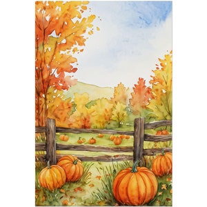 Impresión artística de huerto de calabazas en acuarela, pintura de Halloween, póster rústico de otoño, decoración de pared acogedora de otoño, granero de acuarela