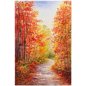 Impresión artística de bosque otoñal en acuarela, póster de sendero forestal, escena otoñal, pintura de bosque otoñal, decoración de arte de pared con paisaje natural