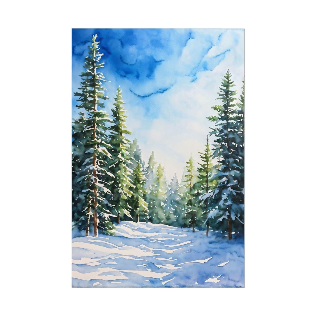 Watercolor Winter Forest Painting, Winter Landscape Art Print, Snowy ...