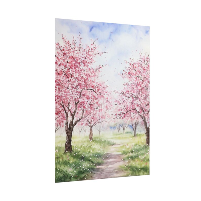 Watercolor Cherry Blossom Trees Art Print, Floral Trees Painting