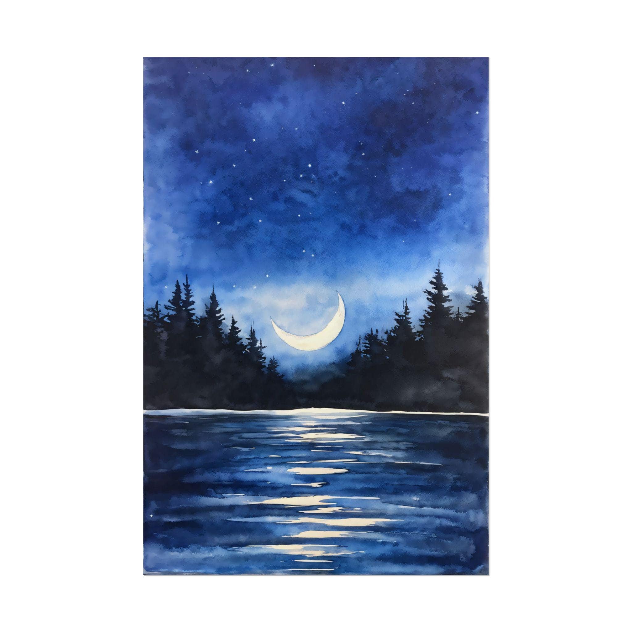 Moonlit Night Sky Lake Painting, Dark Forest Poster, Full Moon Blue Starry Night, Nature Scenery, Lake Landscape Wall Art