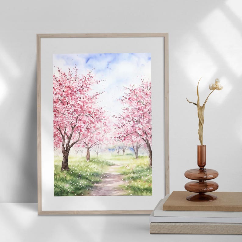 Watercolor Cherry Blossom Trees Art Print, Floral Trees Painting