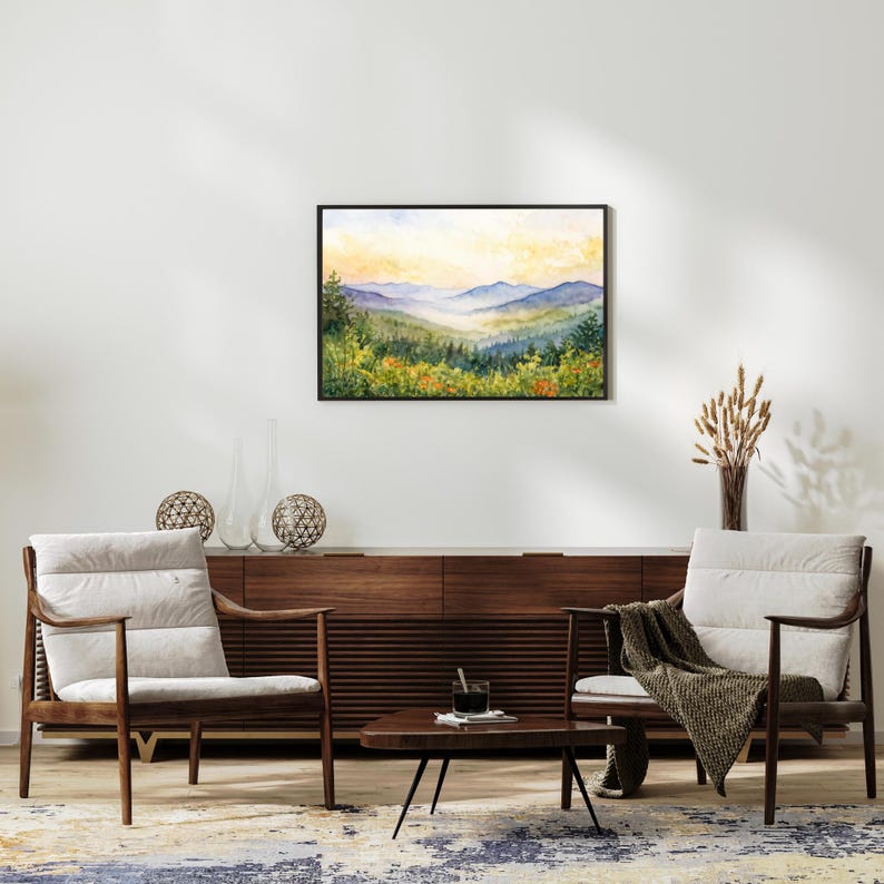 Watercolor Smoky Mountains Print, Spring Flowers Watercolor Poster