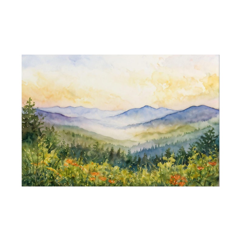 Watercolor Smoky Mountains Print, Spring Flowers Watercolor Poster