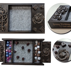 Dobbelsteenhouder, Dobbelsteenhouder | Dobbelsteenkluis | Dobbelsteendoos | Perfect cadeau voor D&D-fans | Dobbelstenen drakendoos | Gegraveerd hout | Gepersonaliseerde naamgravure