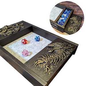 Porta dados con tono dorado / Caja de dados DnD de madera / Caja de dados magnética portátil personalizada / Bandeja y soporte para dados únicos / Regalo de cumpleaños