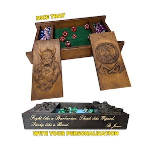 Houten dobbelsteenbak, handgemaakte DnD-dobbelstenen rollade en opslag, gepersonaliseerde naamgravure, cadeau voor hem, verjaardag, jubileum