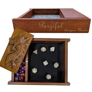 Personalized Wooden Dice Box with Tray | Dragon DnD Dice Vault with Black Felt | Custom Dice Case for Tabletop RPG | 3rd Anniversary