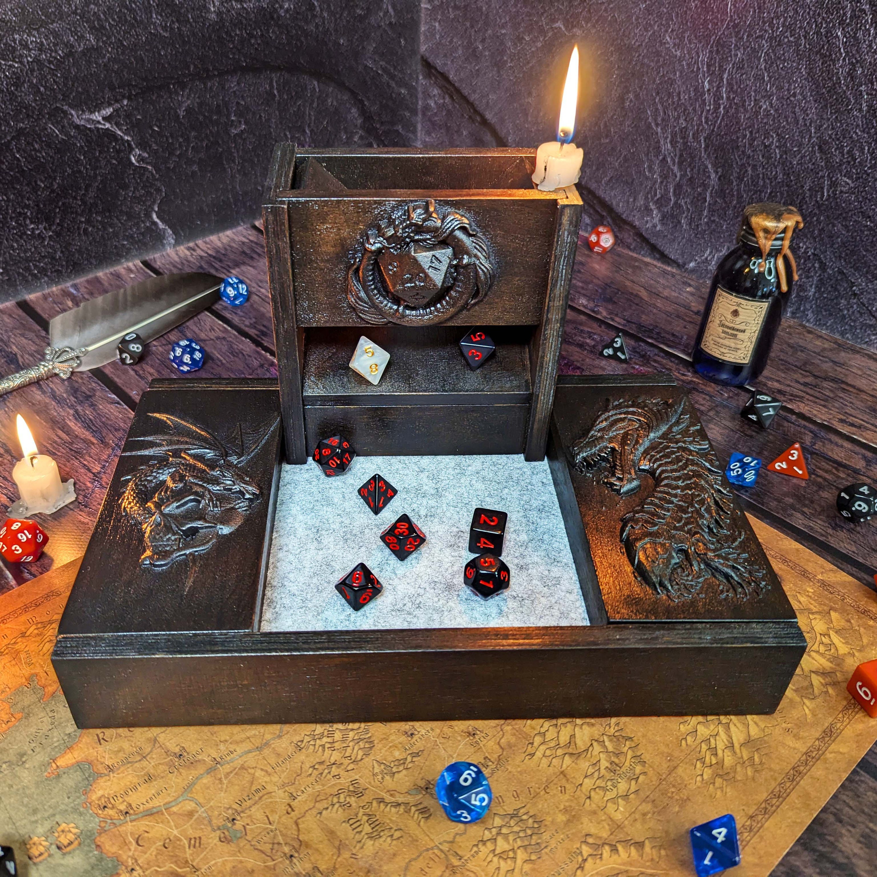 Dice Tower and Tray for DnD | For Tabletop RPG Gamers | Wooden Box with Felt Lining in Dungeons & Dragons Style | Perfect DnD Gift for Fans