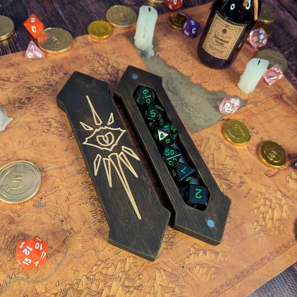 DND Dice Box Warlock, Custom Personalized Engraved Wood Dungeons and Dragons, D&D Gift Box, Tabletop RPG Dice Tray | Wooden Box + Felt