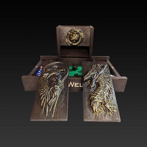 Dice Tower Gold Toned Custom Wooden Dice Tray Dungeons and Dragons Design Birthday Gift Rolling Tray DND Tower