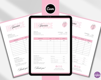Pink Editable Invoice Template for Small Business Printable Billing & Receipt Form Professional Invoice Template Download Pink Invoice Canva