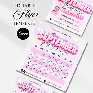 May include: An editable flyer template for September bookings featuring a pink and white color scheme with 3D bubble-style text. The design includes a monthly calendar grid with time slots, social media icons, and placeholders for business details.