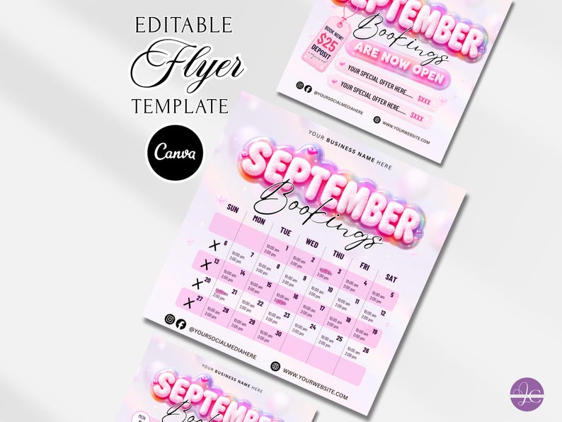 May include: An editable flyer template for September bookings featuring a pink and white color scheme with 3D bubble-style text. The design includes a monthly calendar grid with time slots, social media icons, and placeholders for business details.