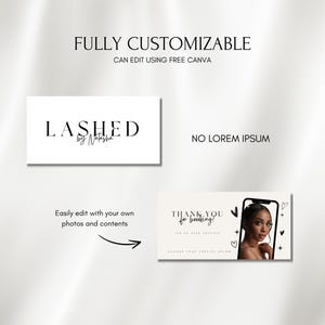 May include: A graphic design featuring the text "FULLY CUSTOMIZABLE" and "LASHED by Natasha". Includes a mock-up of a phone with a woman's image and the words "THANK YOU for booking!"