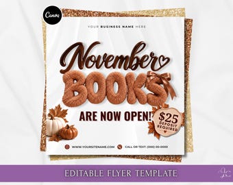 Thanksgiving Bookings Flyer November Flyer Template Monthly Books Open Beauty Appointment Nail Esthetician Hair Lash Flyer Editable Canva